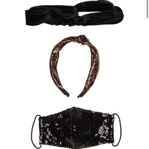Panacea 3 piece set black sequin mask, knotted headband, velour headband NWT